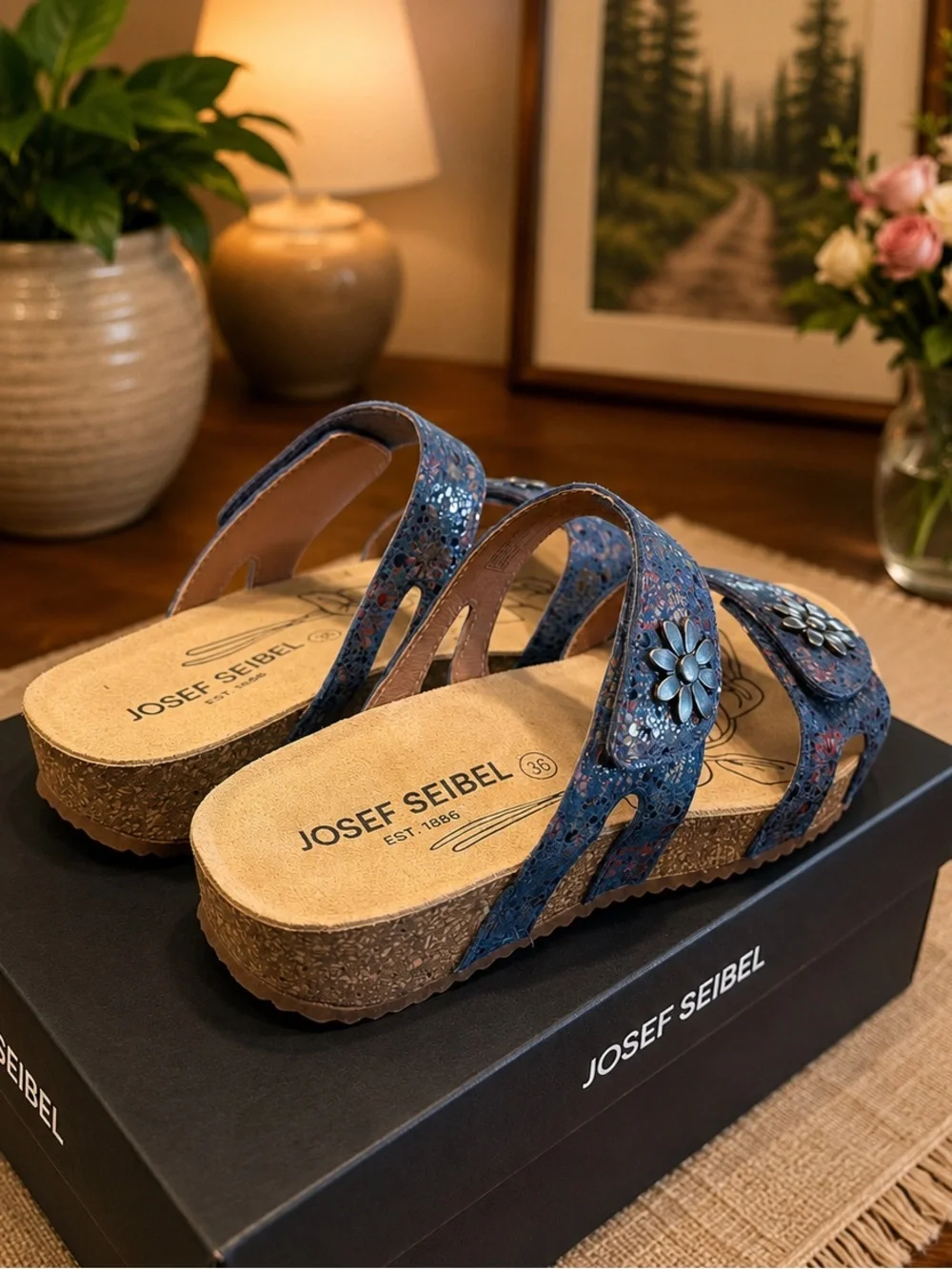 Josef Seibel Navy Floral Leather Double-Strap Slide Sandals - Picture 2 of 3